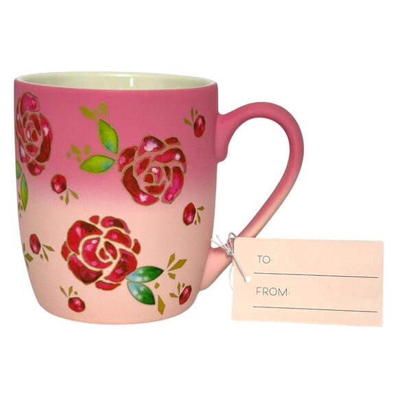 New Petal And Pearl Soft Touch Ceramic Mug Pink With Gold Trim Red Roses - Picture 5 of 6